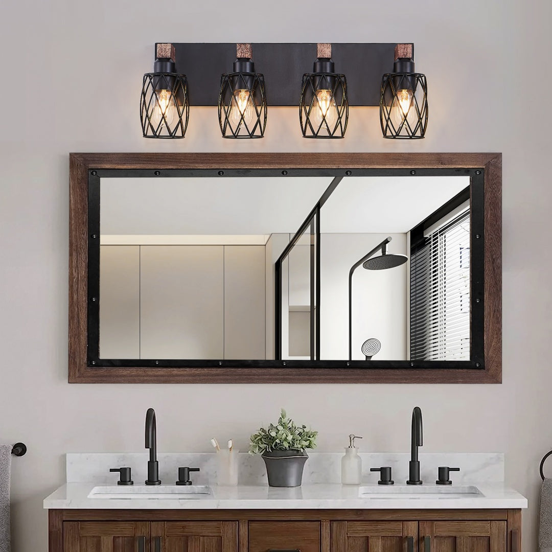 Industrial Vintage 4-Light Wall Sconce - Black Cage & Wood Accents