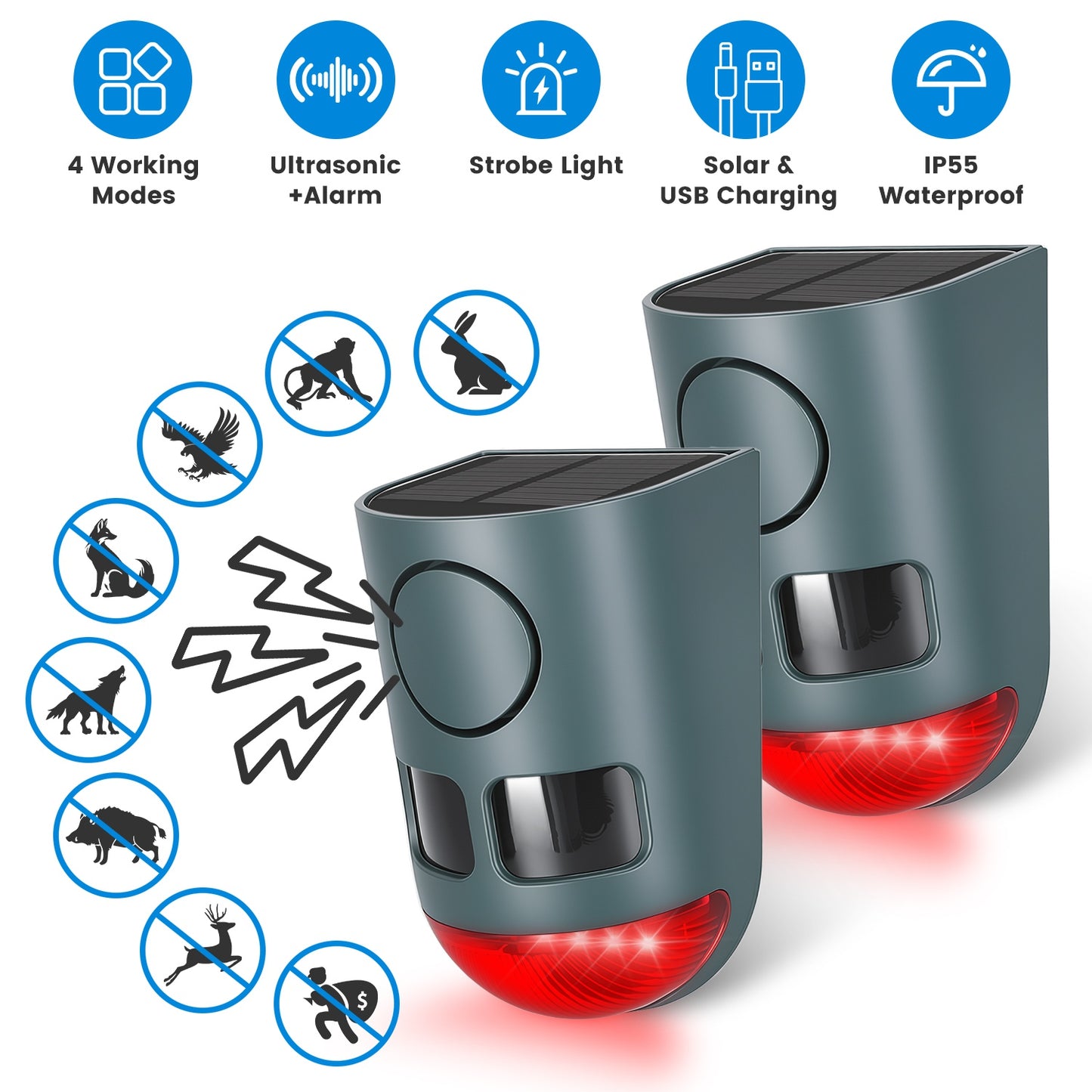 Ultrasonic Solar Animal Repeller 3-in-1 Motion Activated Deterrent IP55 Waterproof