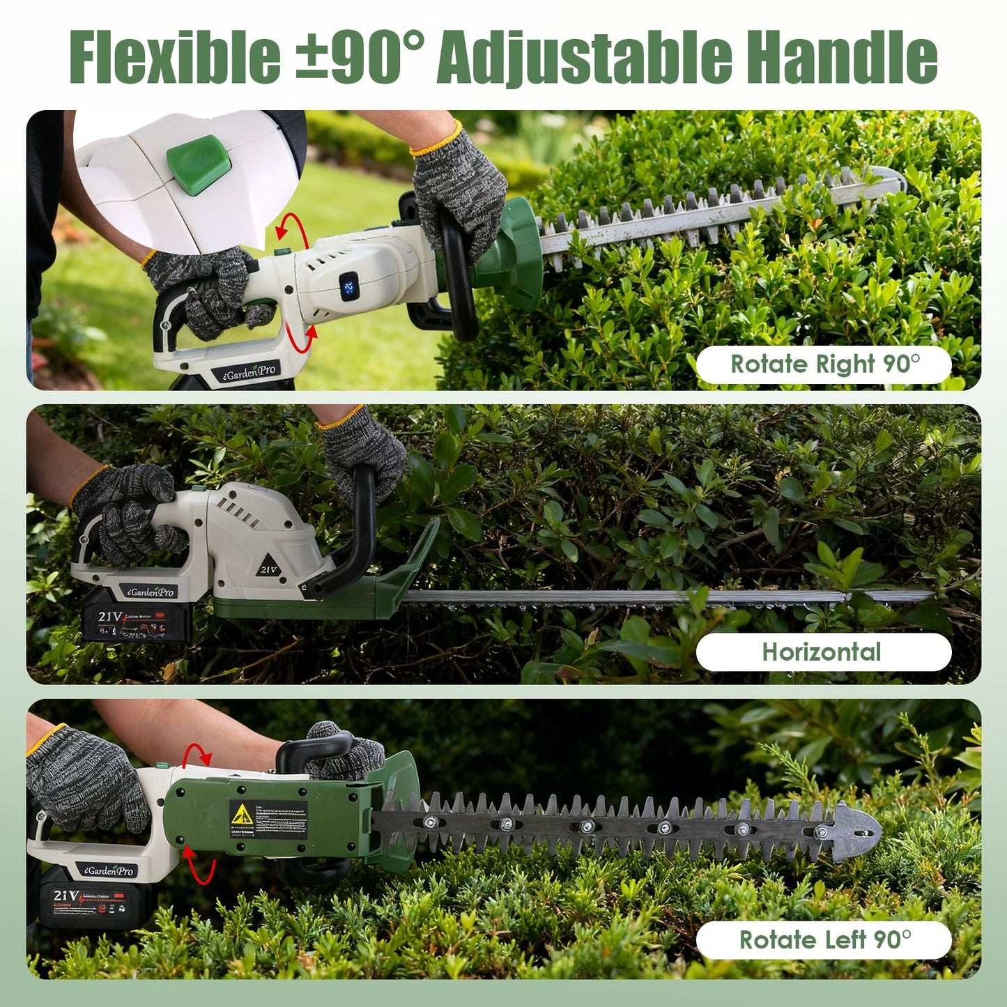 Cordless Hedge Trimmer 21V with Dual Action Blades & Adjustable Handle