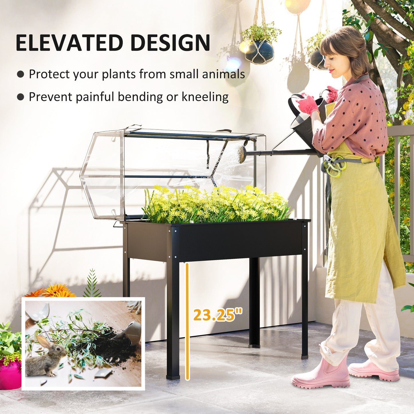 Elevated Garden Bed with Greenhouse Cover - Raised Vegetable Planter, Black