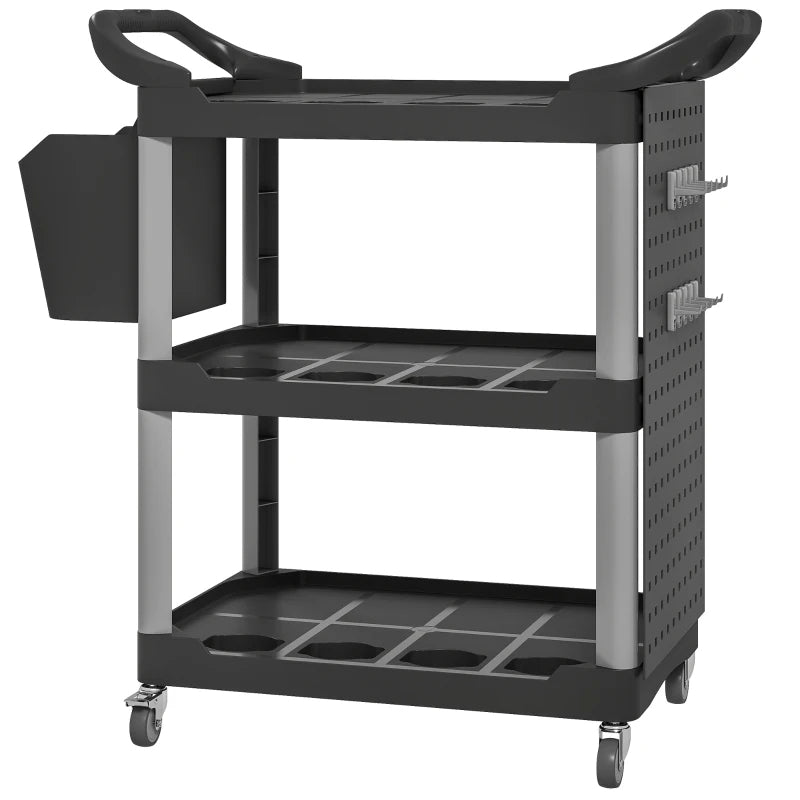 3-Tier Rolling Tool Cart with Side Shelf and Bucket, 200 LBS Capacity, Black & Gray Utility Cart