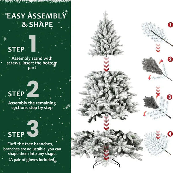 7ft Flocked Christmas Tree with 1514 Tips - Snowy Hinged Design