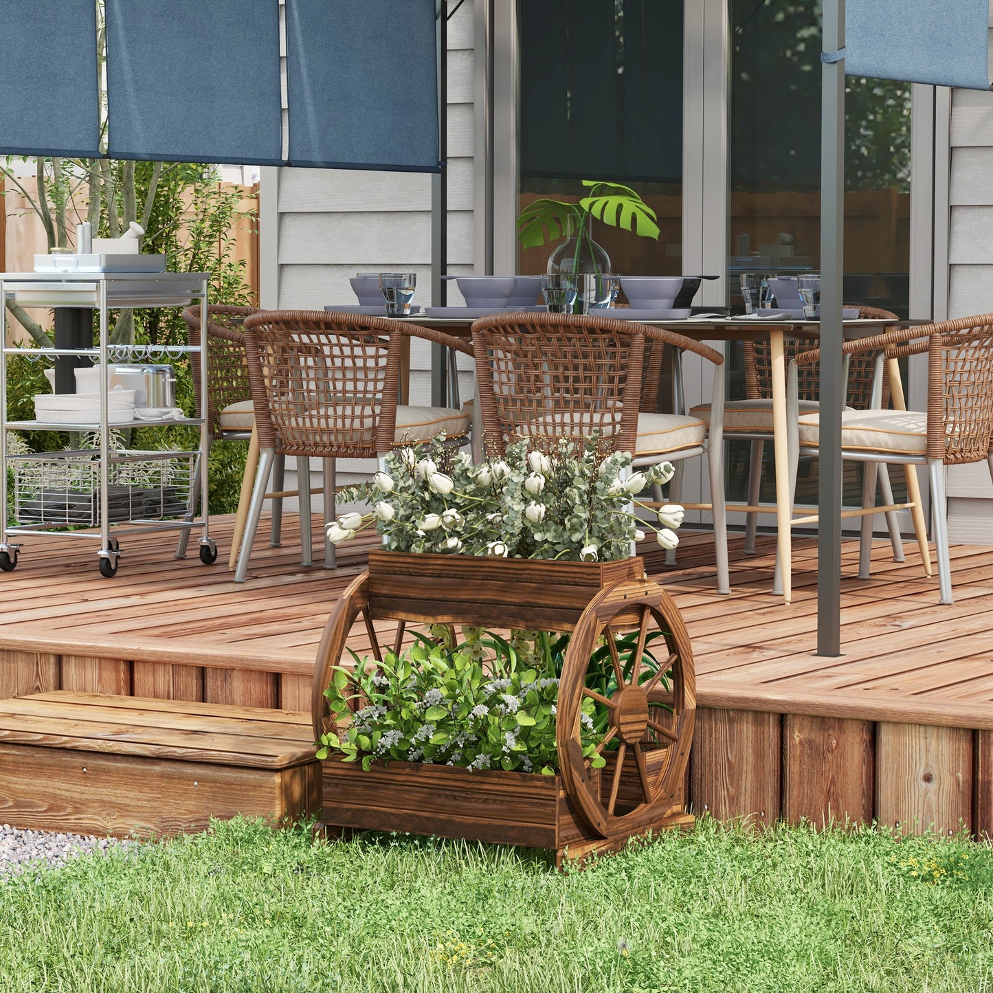 Wooden Wagon Planter Box - 3-Tier Raised Garden Bed for Vegetables Flowers Herbs - 25 x 21 x 24 inches