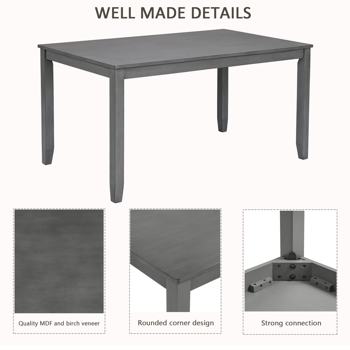 Rectangular Dining Table Set for 6 - Wooden Table with Upholstered Chairs & Bench - Grey