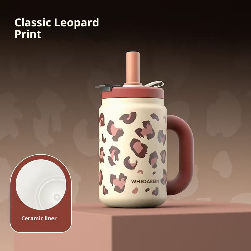 Large Capacity Insulated Stainless Steel Cup with Leopard Print - 800ml