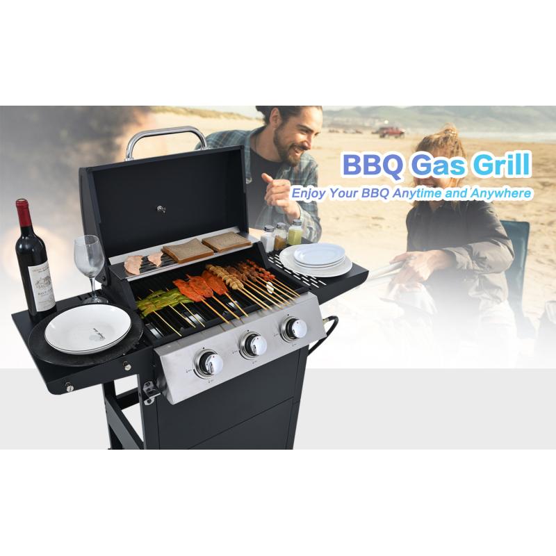 Three-Burner Propane Gas Grill with Stainless Steel Design & Wheels