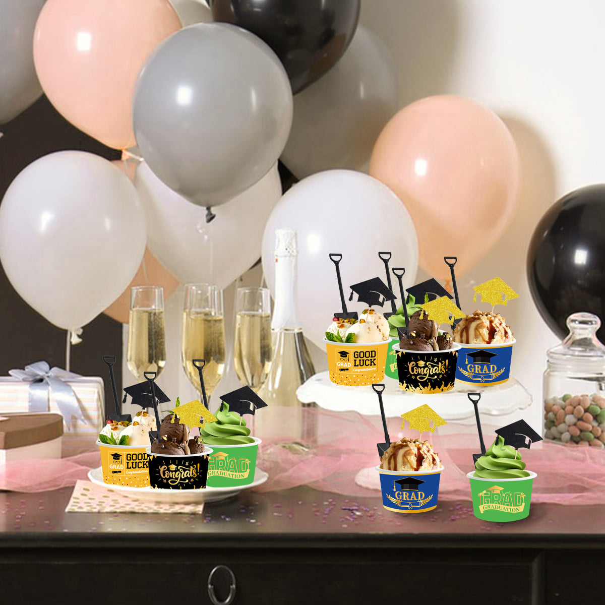 Graduation Ice Cream Cups Set - 24 Disposable Bowls with Spoons & Picks