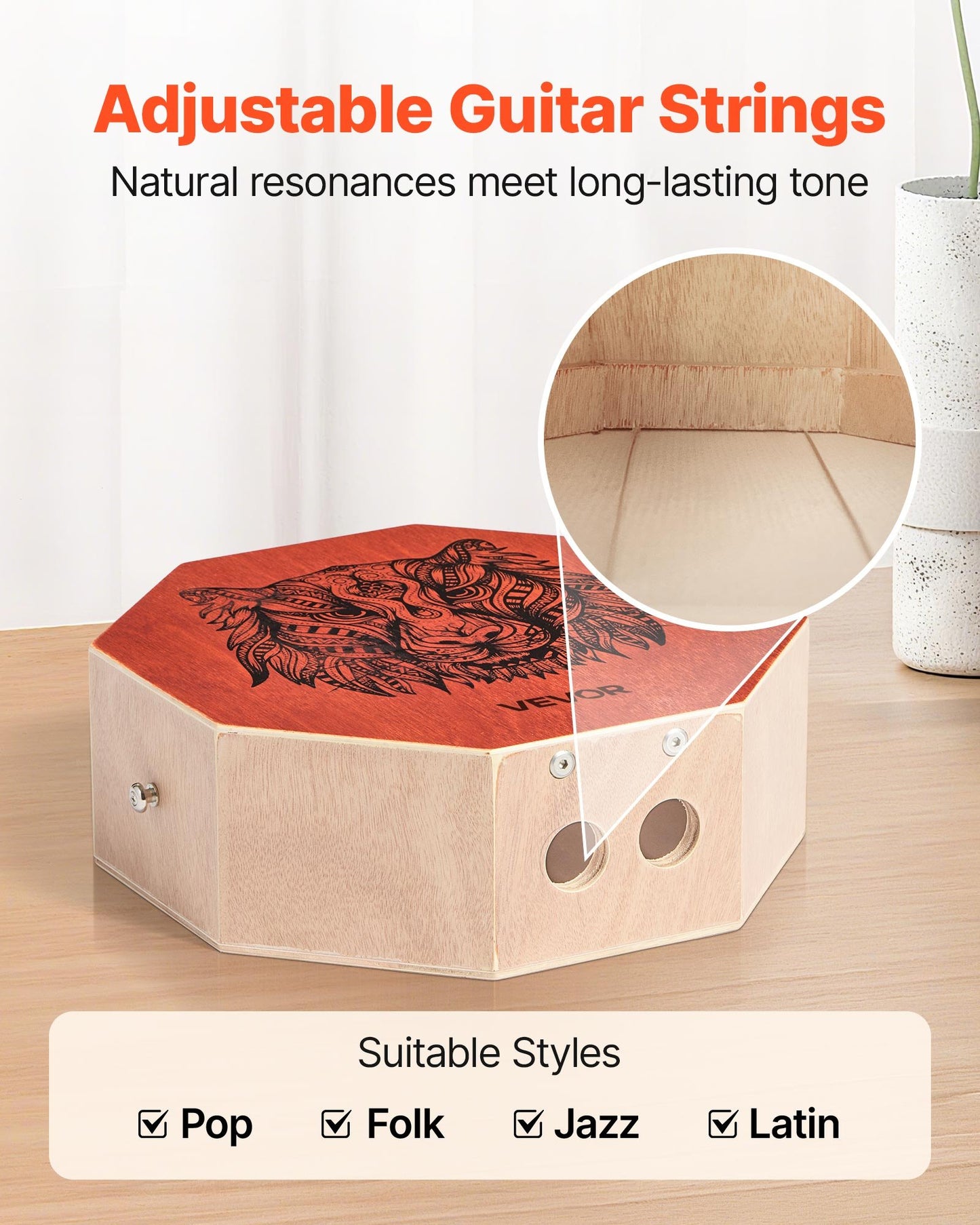 Portable Wooden Cajon Box Drum with Internal Guitar Strings - 11.6 x 11.6 x 4 in