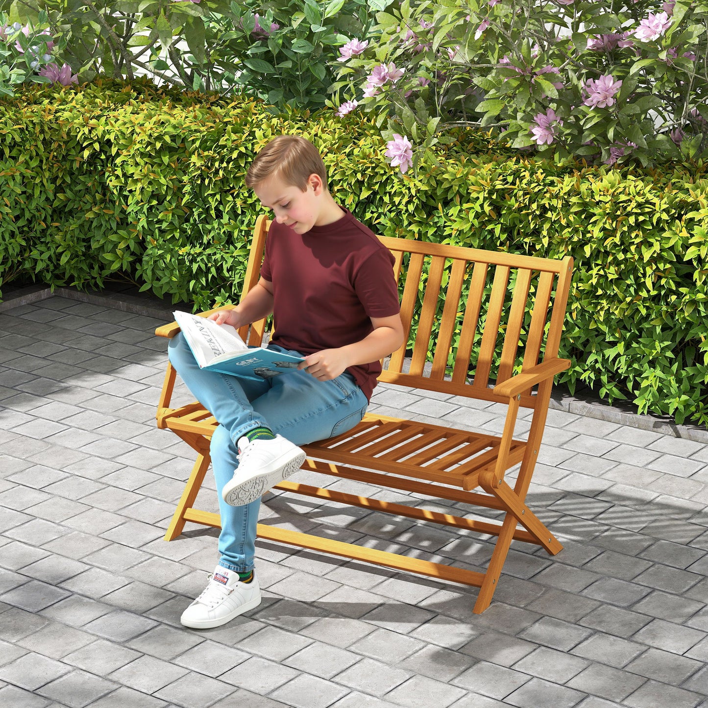 Foldable Acacia Wood Outdoor Bench with Backrest - Teak
