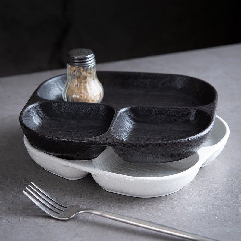 Porcelain Divided Plate for Weight Loss, 8.5 Inch Square Breakfast Dish for Fat Reduction