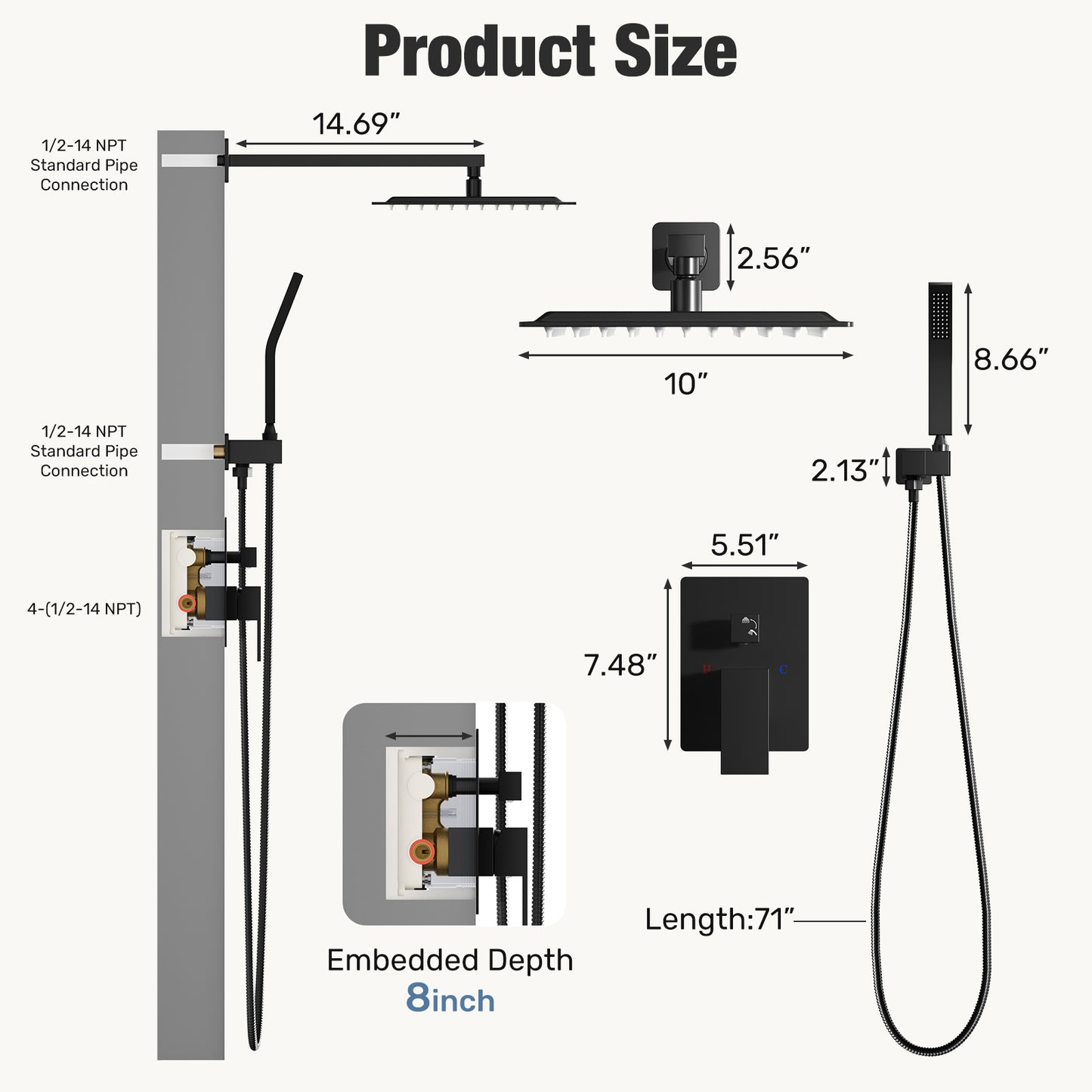 Wall-Mounted Shower Faucet Set - 10-Inch Overhead & Handheld Shower