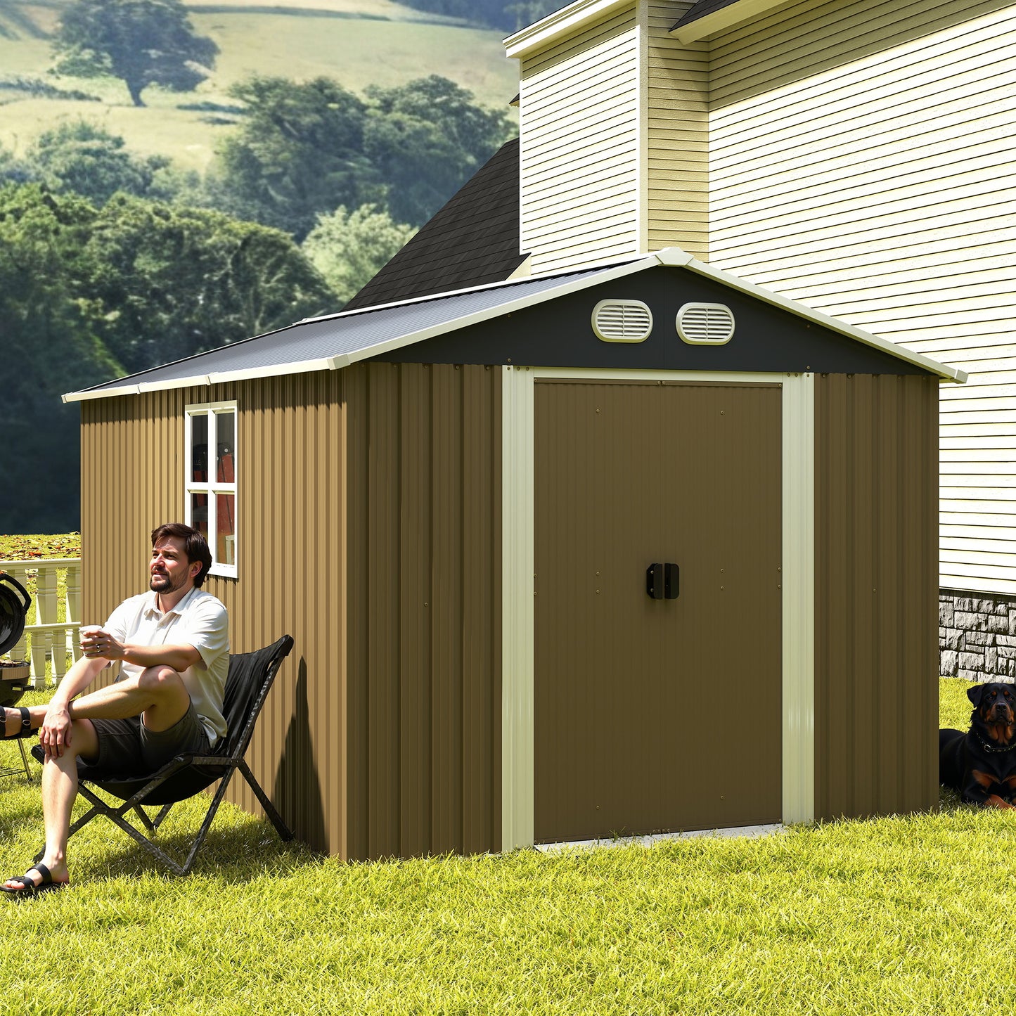 Outdoor Metal Storage Shed 8x12 FT with Lockable Door - Brown