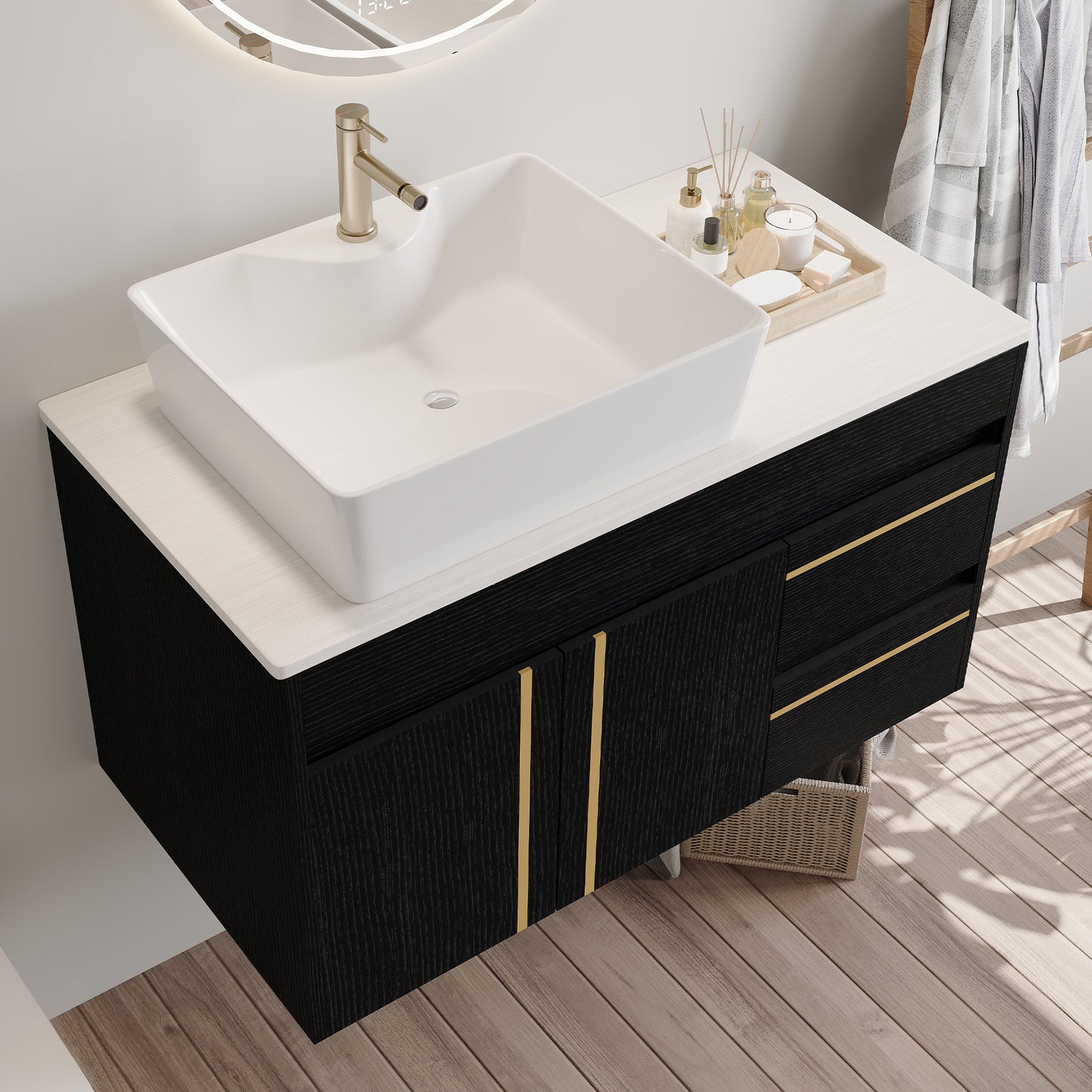 36" Wall-Mounted Bathroom Vanity with Vessel Sink & Plywood Countertop - Soft-Close Drawers & Floating Design