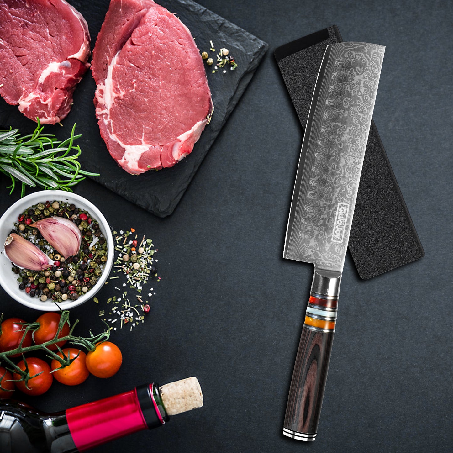 7-Inch Nakiri Chef Knife - Japanese Damascus VG-10 Steel, Pakkawood Handle