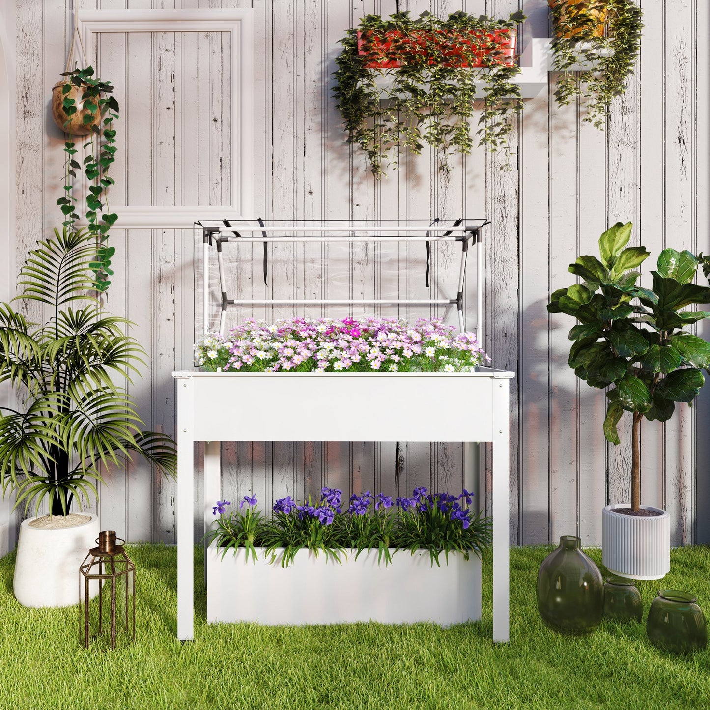 Raised Garden Bed with Greenhouse Cover - White 1090x480x80mm