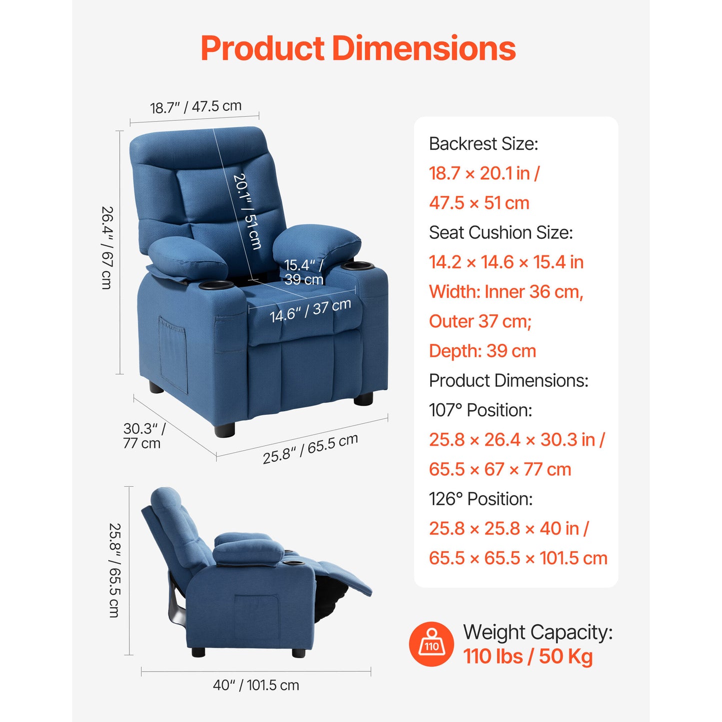 Kids Recliner Chair with Cup Holders & Adjustable Backrest - Blue