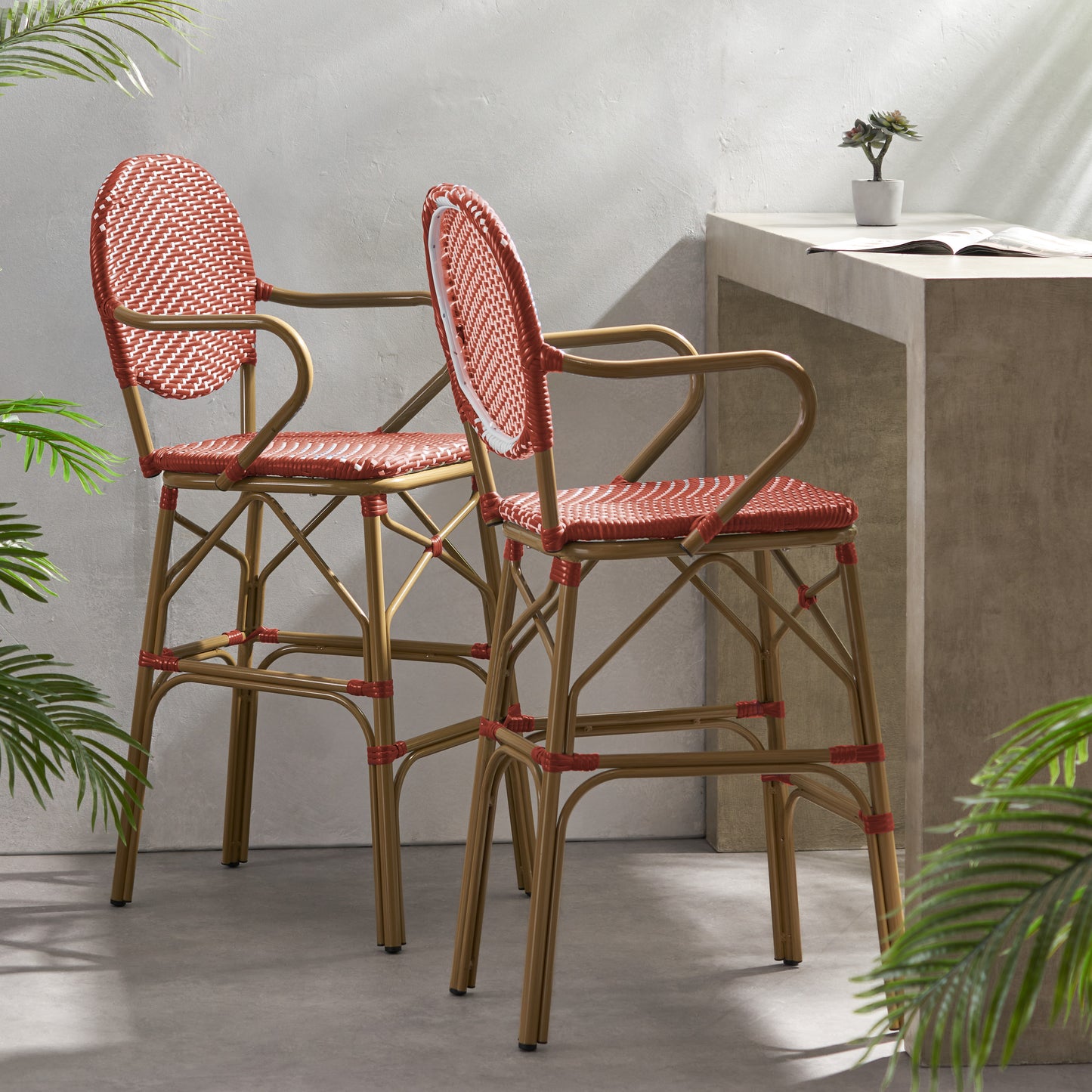 Outdoor Wicker And Aluminum 29.5 French Barstools, Set Of 2, Red,