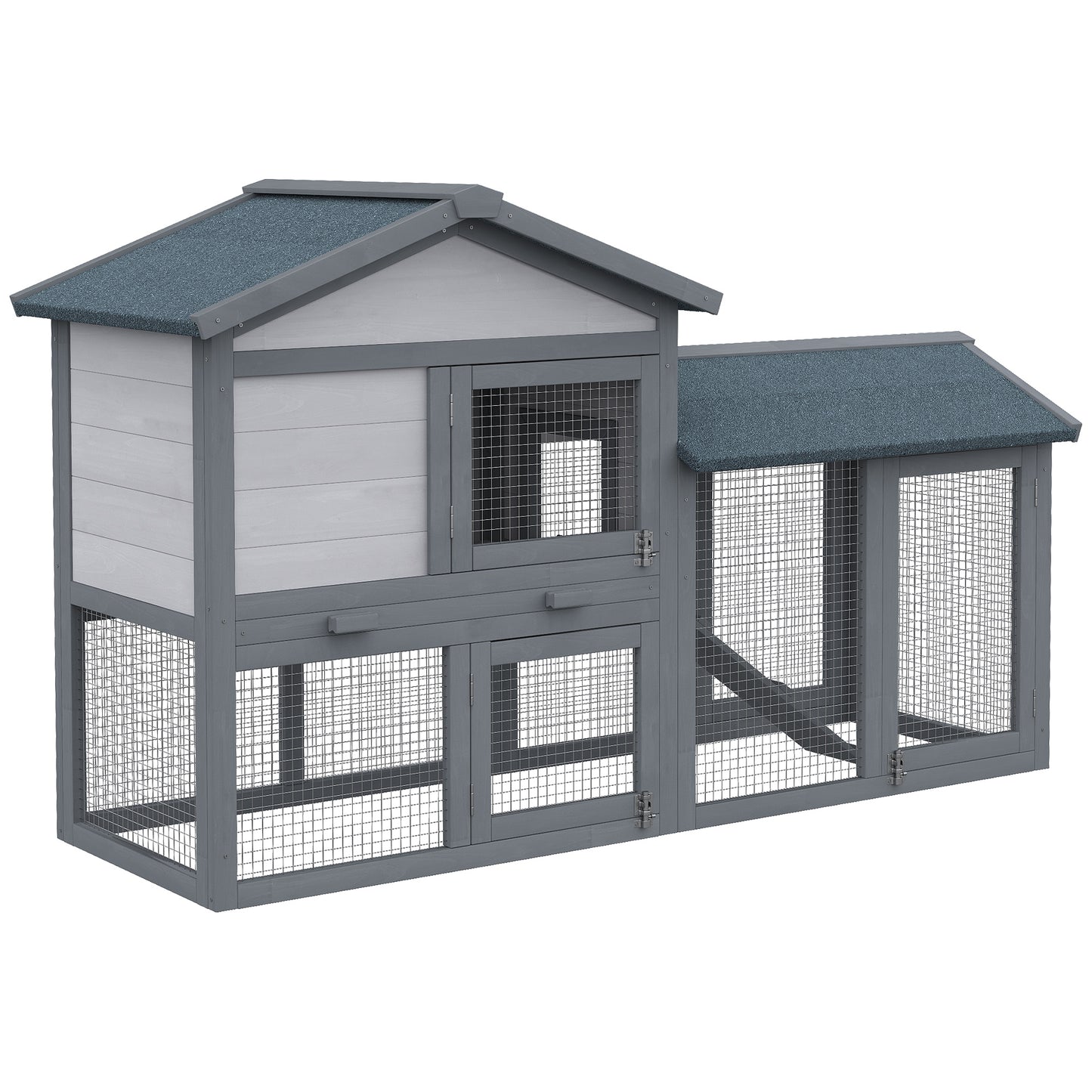 Outdoor Wooden Bunny Hutch with Run Area and Removable Tray - Gray