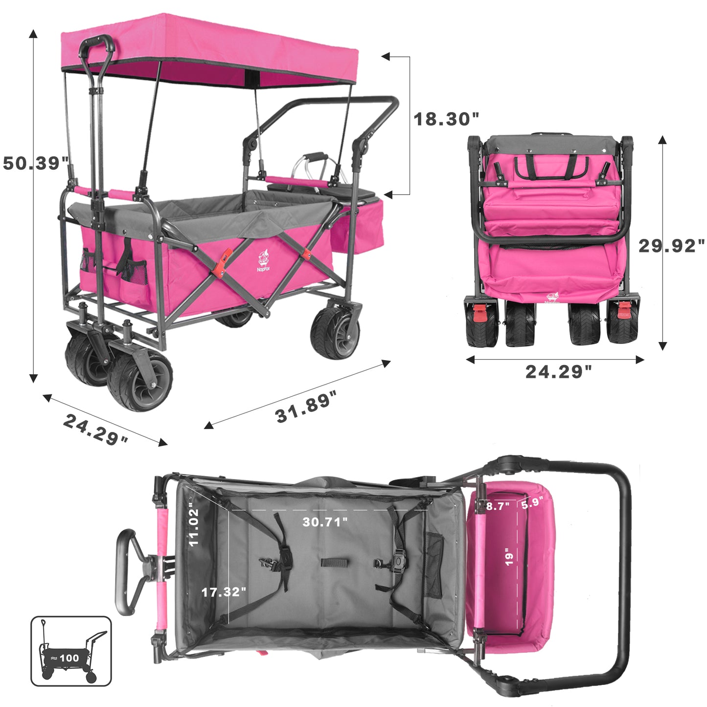 Collapsible 140L Wagon with Canopy and Cooler Bag - Pink