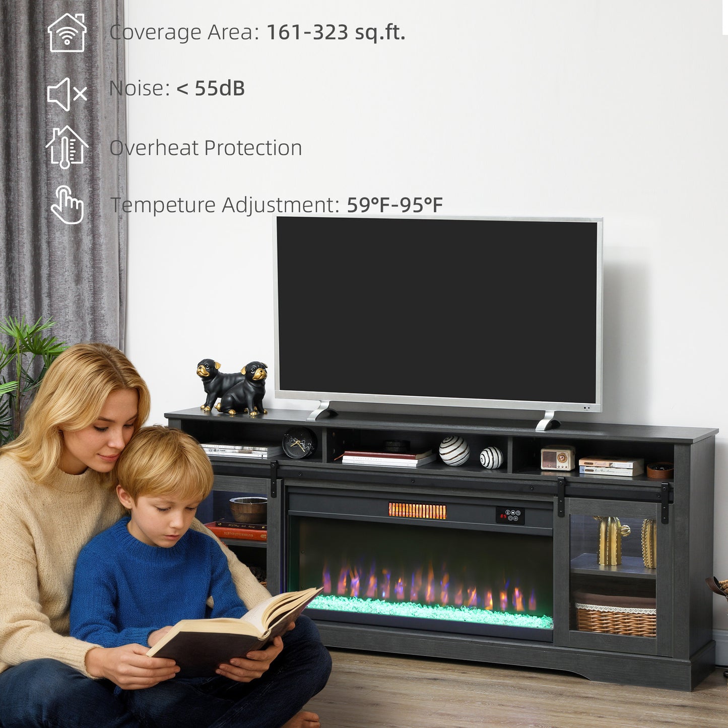 Electric Fireplace TV Stand for 80 Inch TVs, Gray Home Entertainment Console