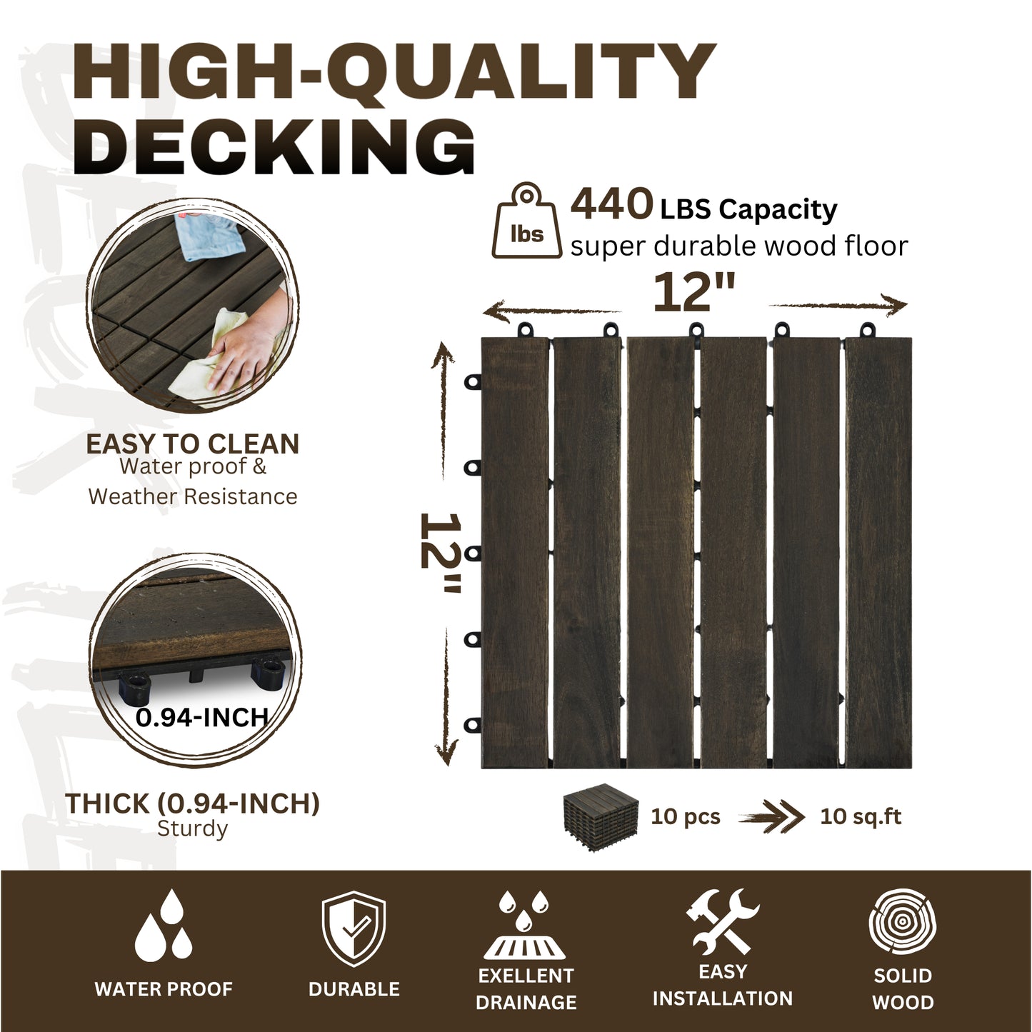 Interlocking Deck Tiles 12x12 Inch Dark Brown Acacia Hardwood Outdoor Flooring - Waterproof & Mold Resistant