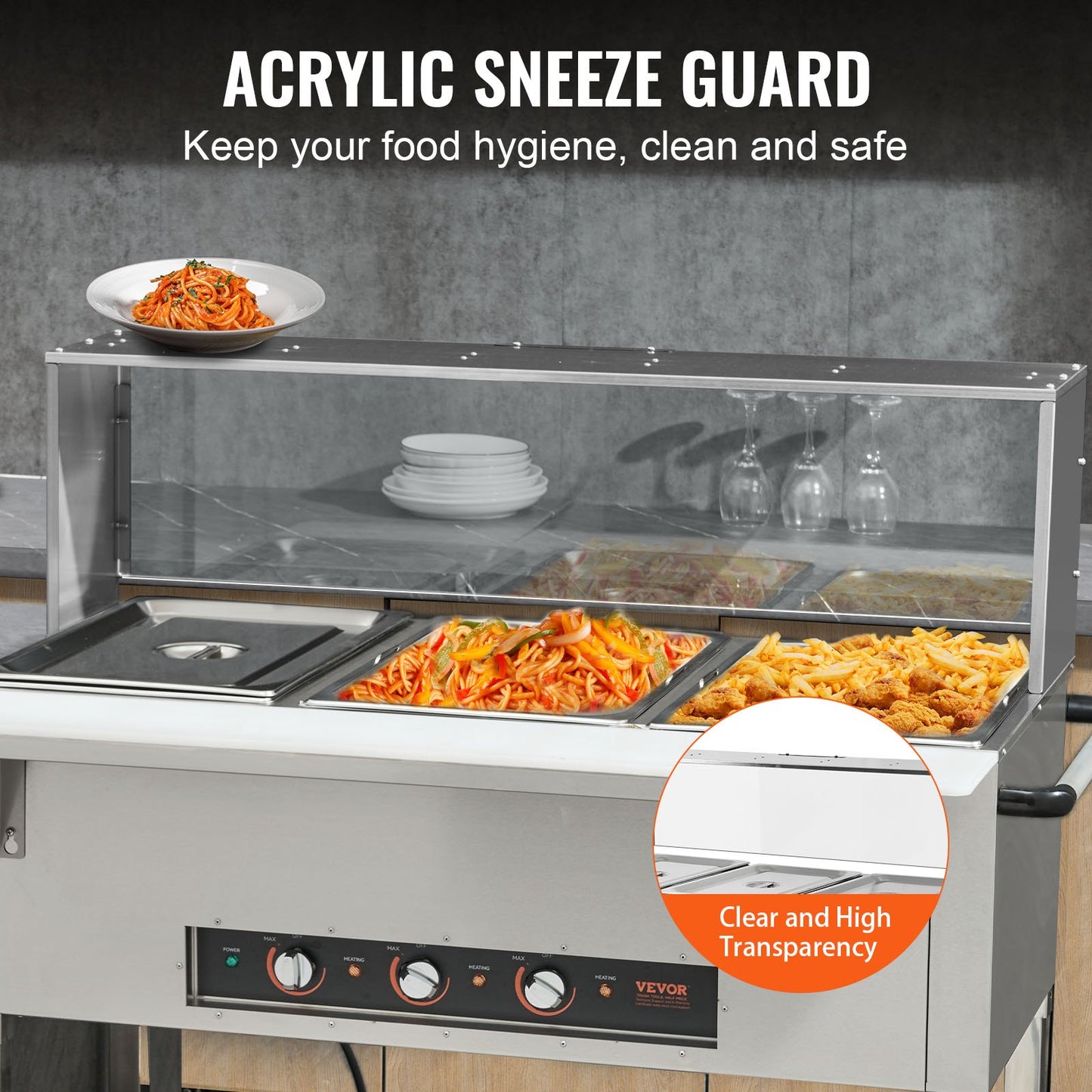 Commercial Food Warmer with 3 Pans and Acrylic Sneeze Guard - 1500W Stainless Steel Buffet Server, Silver