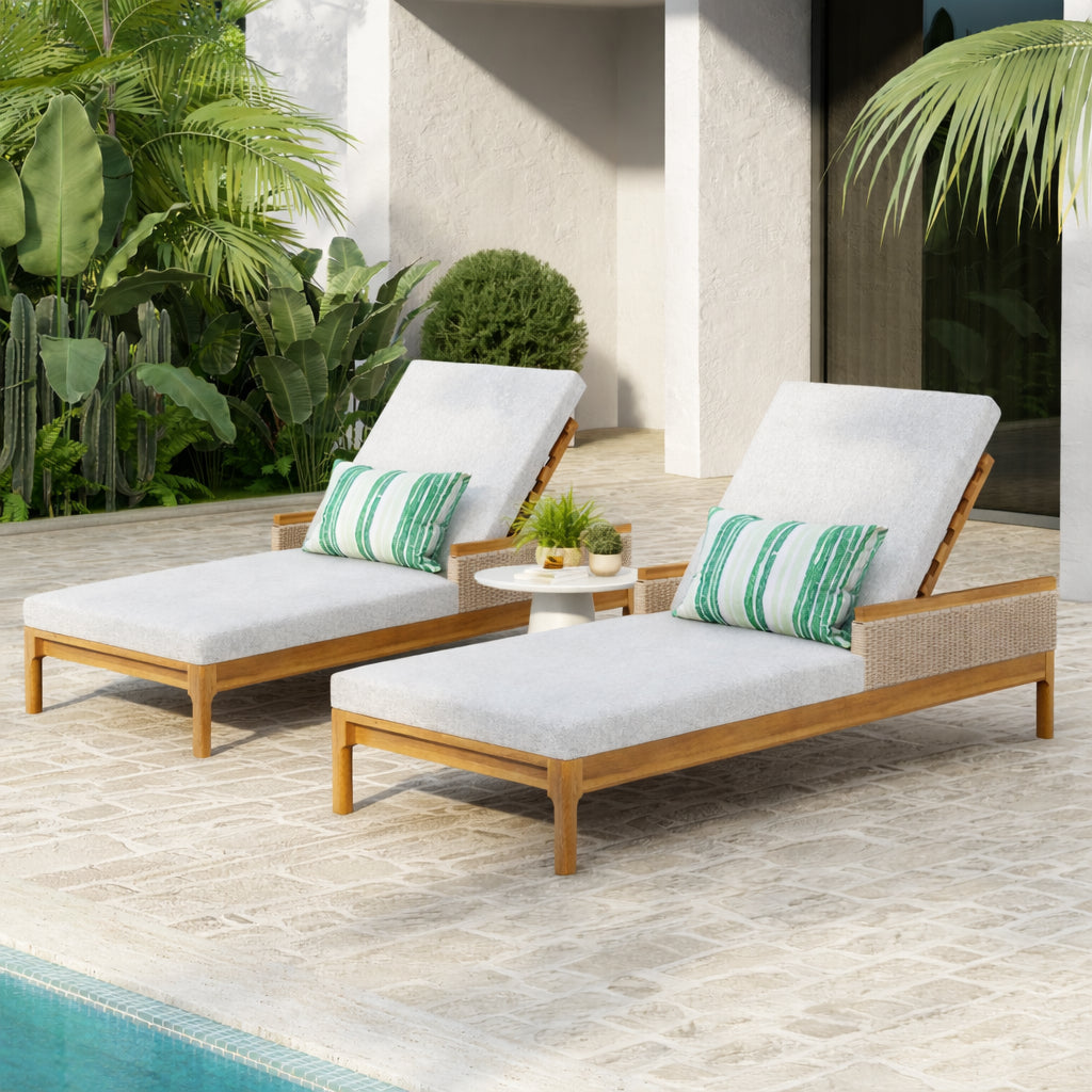 76.8" Solid Acacia Wood Sun Chaise Lounger Set of 2 - Light Grey