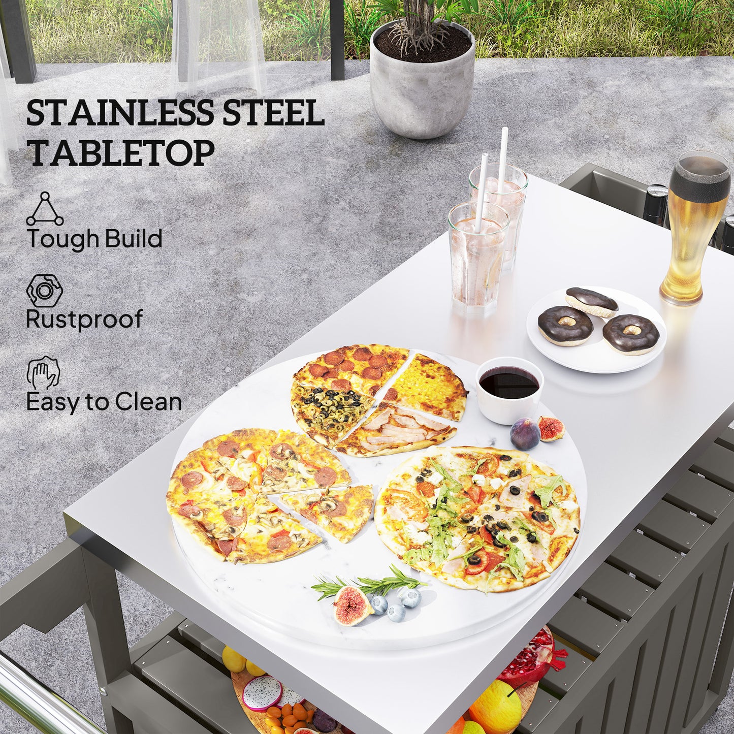Outdoor Bar Cart - Stainless Steel Top, HDPE Storage, Wheeled - Dark Gray