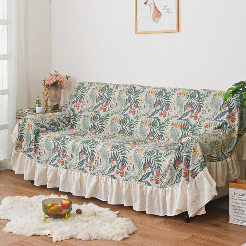 Linen-Colored Ruffled Edge Sofa Cover - Full-Cover Dust Protector