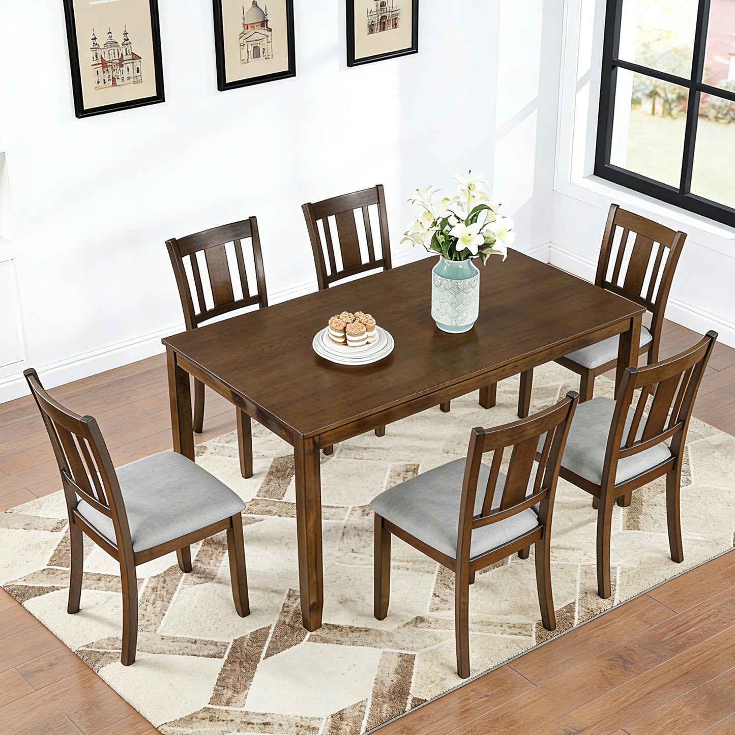 7-Piece Dining Table Set with 6 Upholstered Chairs - Walnut