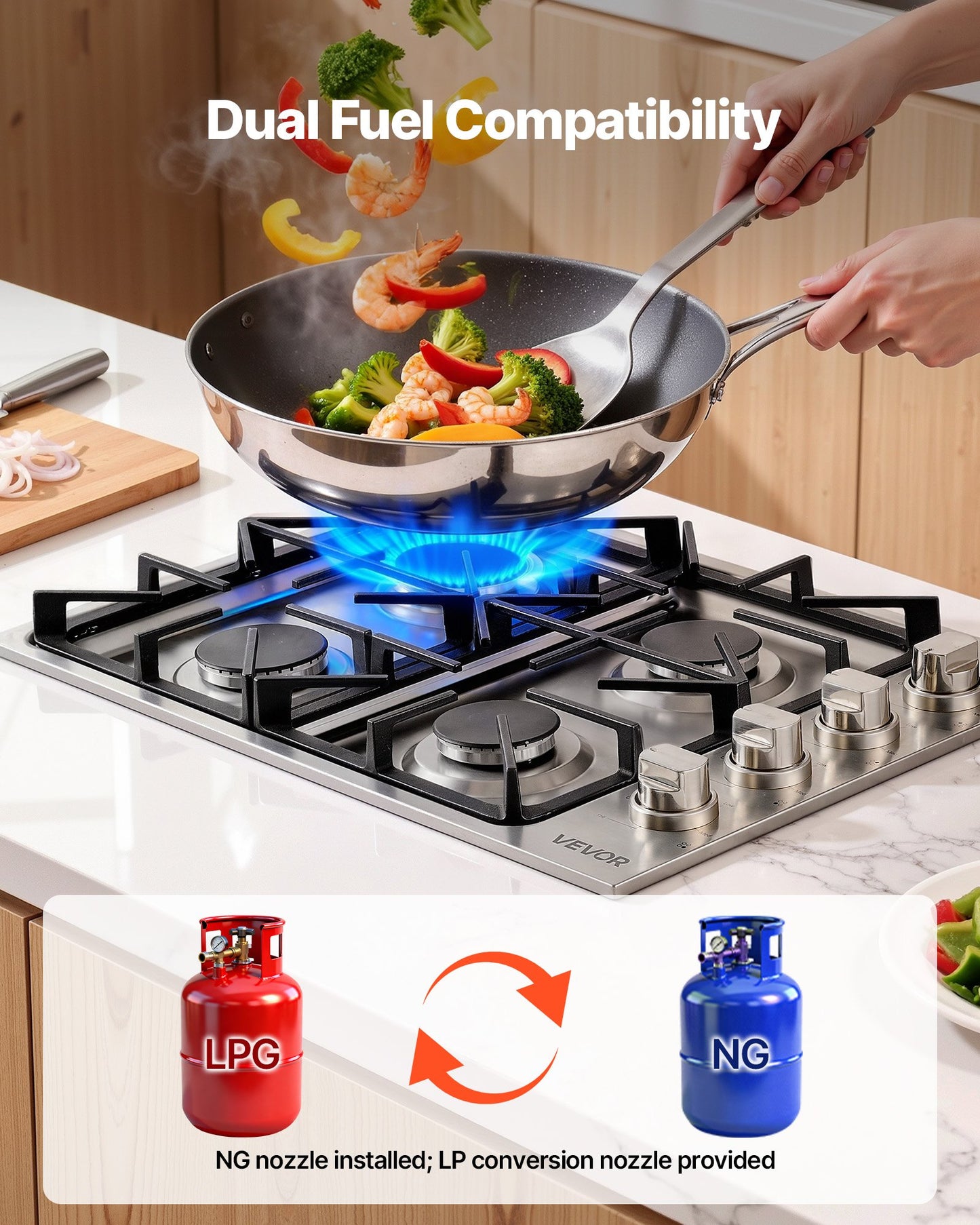 30 Inch Gas Cooktop with 4 Burners, 48,000 BTU, Stainless Steel, Dual Fuel Compatible