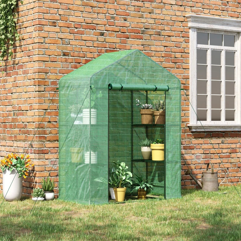 Walk-In Greenhouse with 3 Tiers Shelves, Roll-Up Door & PE Cover - Green