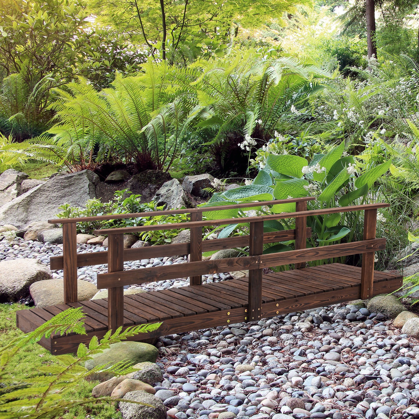 Wooden Garden Bridge with Safety Railings - Pine Stained Finish, 1160x700x125mm