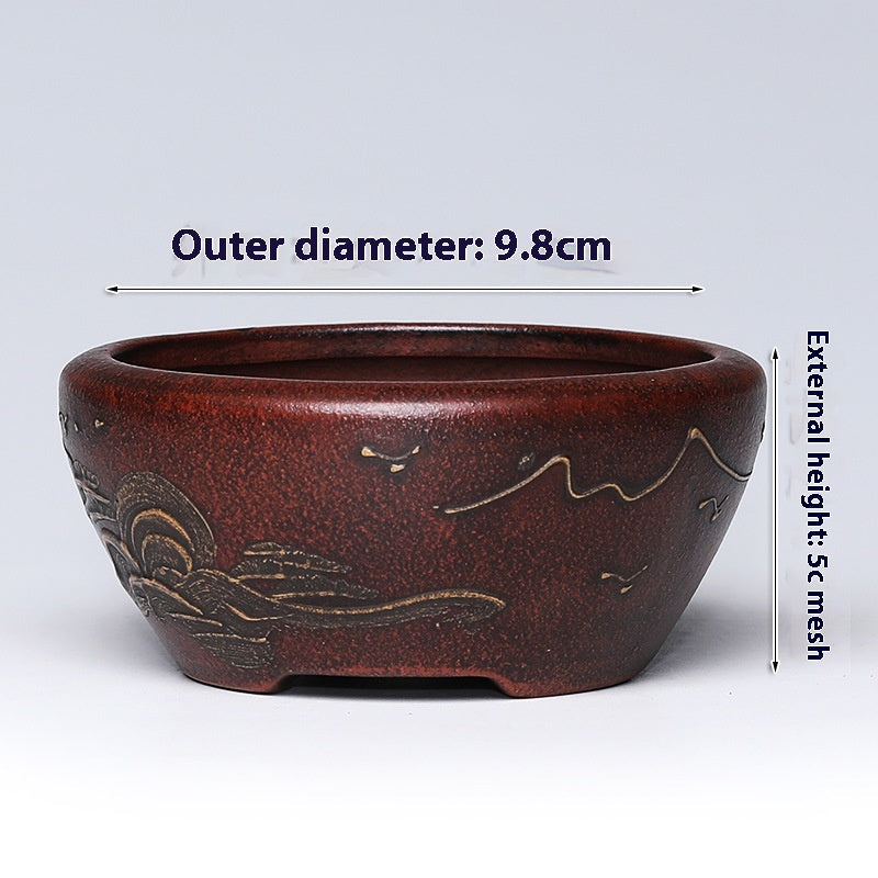 Purple Clay Flowerpot with Chinese Style Design Small Round & Square Options