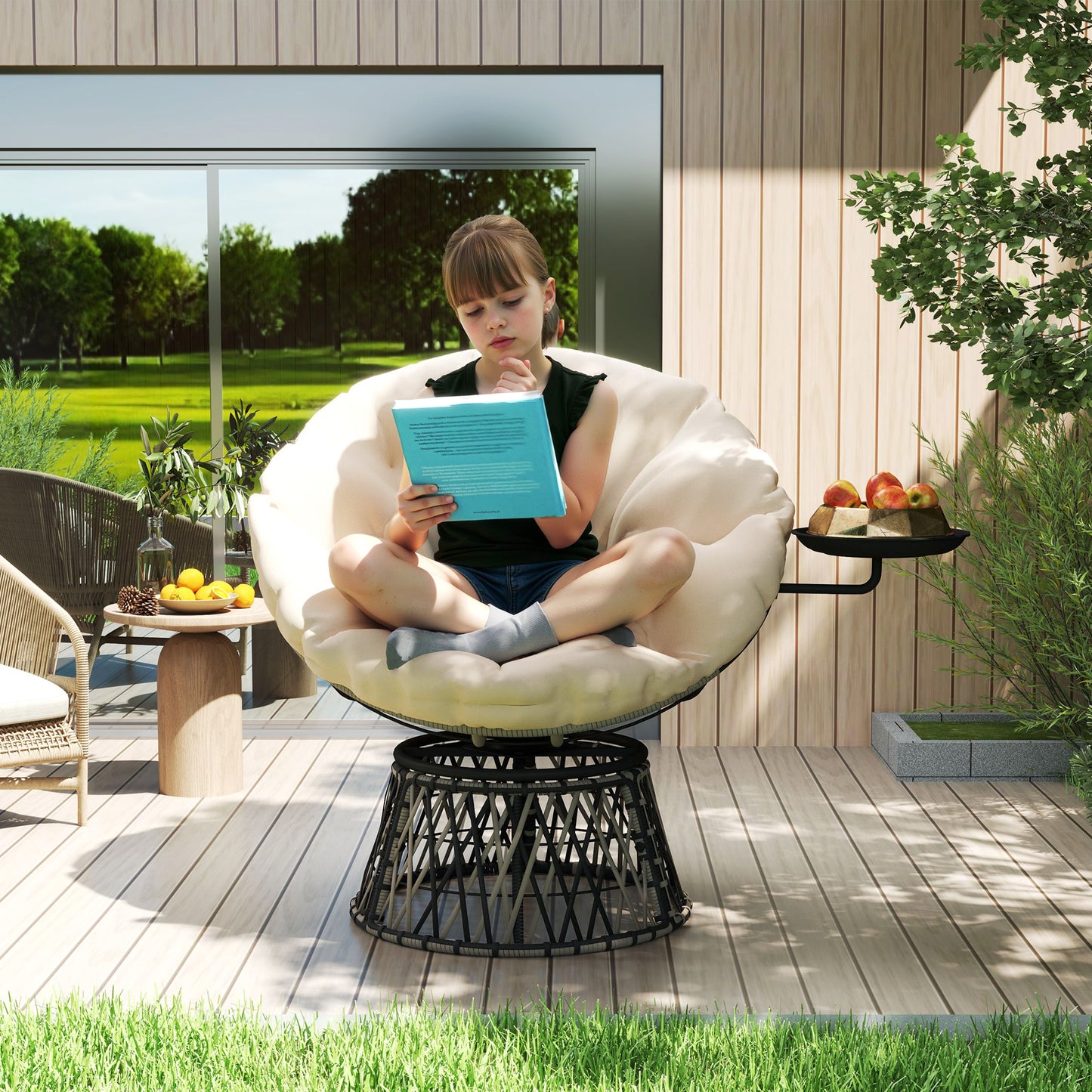 360° Swivel Papasan Chair with Side Tray - Beige