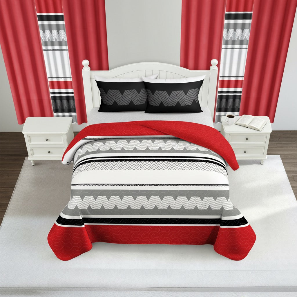 9-Piece Geometric Bedding and Curtain Set - Heavyweight Quilt & 6 Panels