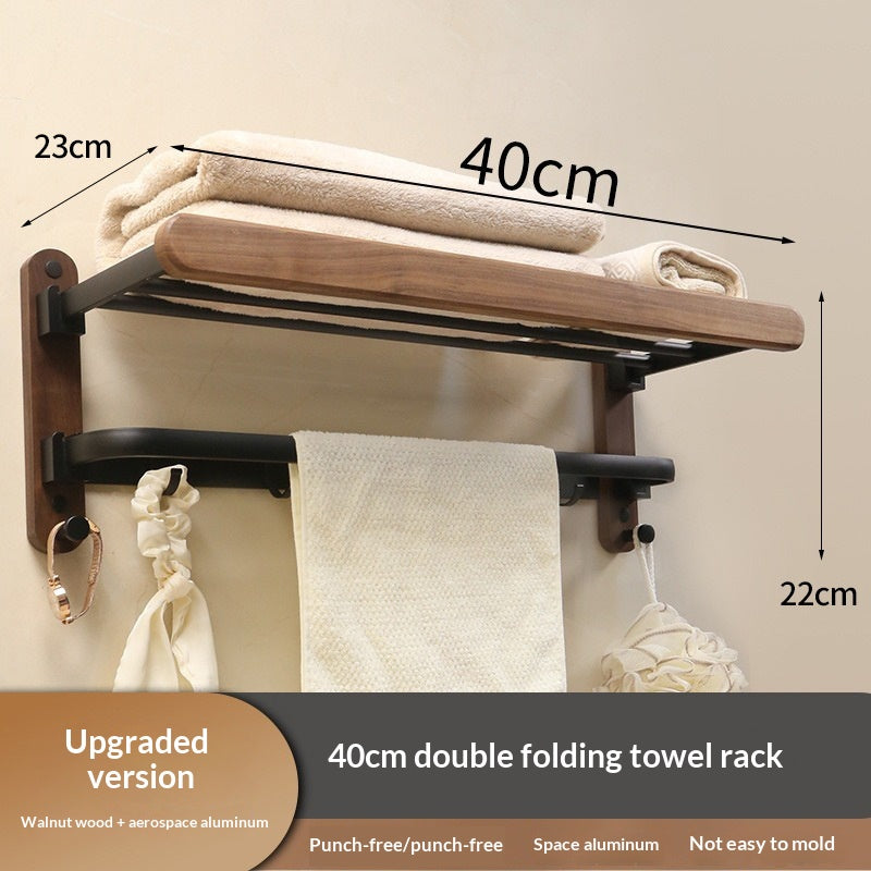 Double-Fold Walnut Towel Rack - Space Saving Bathroom Organizer