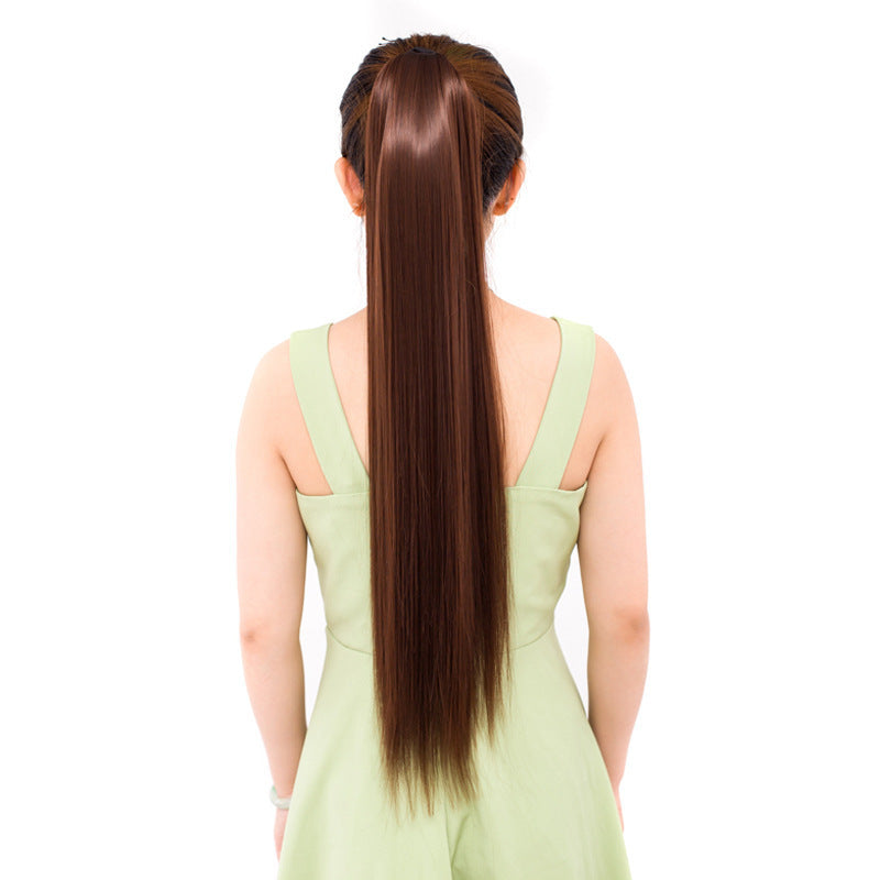 Long Straight Human Hair Wigs with Lace-Up Ponytail - Natural Black & Brown