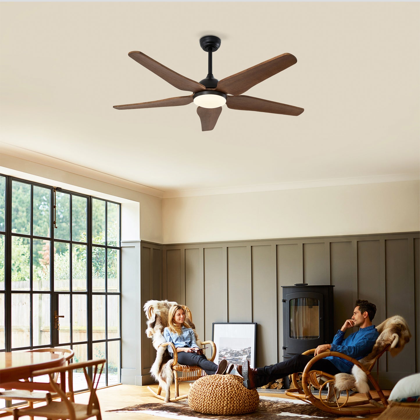 52-Inch Ceiling Fan with Lights - Quiet DC Motor, 6 Speeds, Reversible - Black Brown