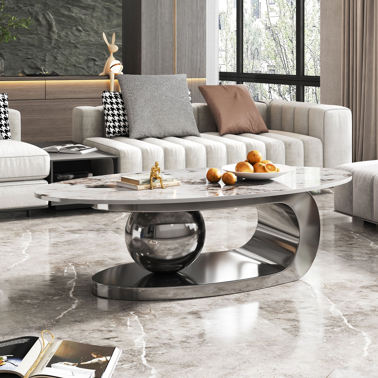 Oval Faux Marble Coffee Table with Stainless Steel Base - Gray White Multi