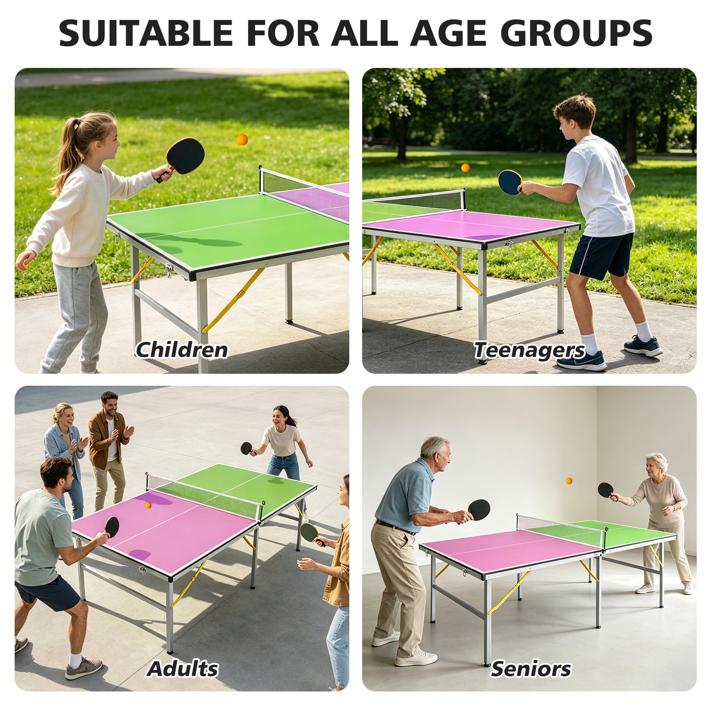 Mid-Size Foldable Table Tennis Table Set with Net, Paddles & Balls - Green/Purple