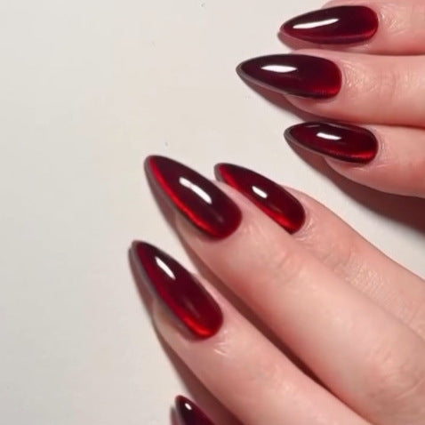 Cherry Red Cat Eye Nail Tips - Almond Shape, 30-Piece Nail Art Set