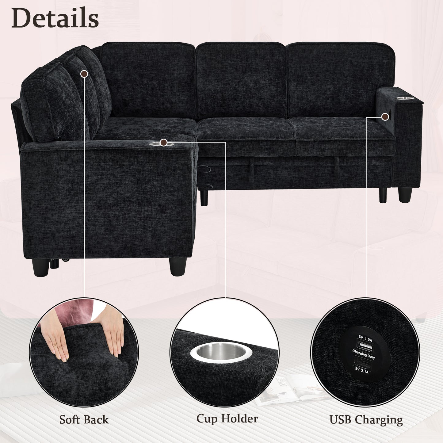 L-Shaped Sofa Bed with Storage & USB Ports - Charcoal Grey