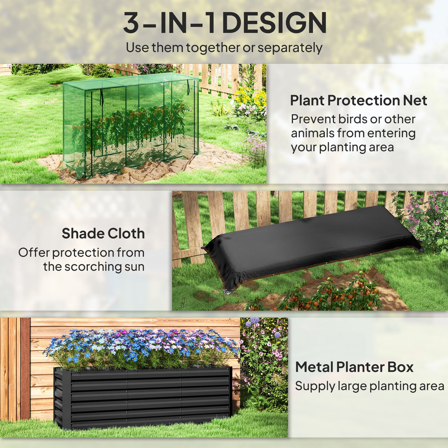 Galvanized Steel Raised Garden Bed with Crop Cage and Shade Cloth - Dark Gray, 695x355x185 mm