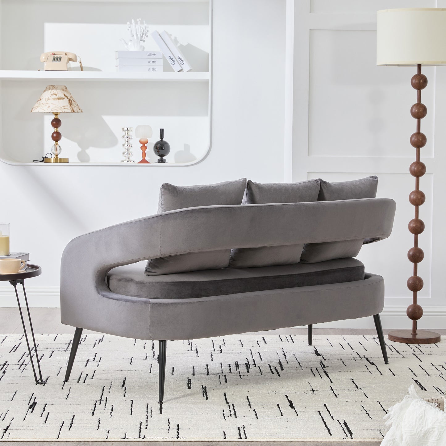Modern Velvet Loveseat Settee with 3 Pillows - Charcoal