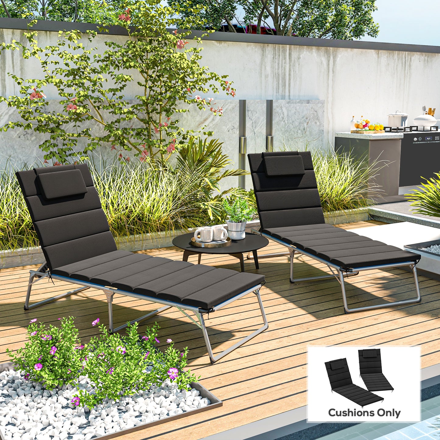 Outdoor Chaise Lounge Cushion Set of 2 – UPF50+ Black, 80" x 26"