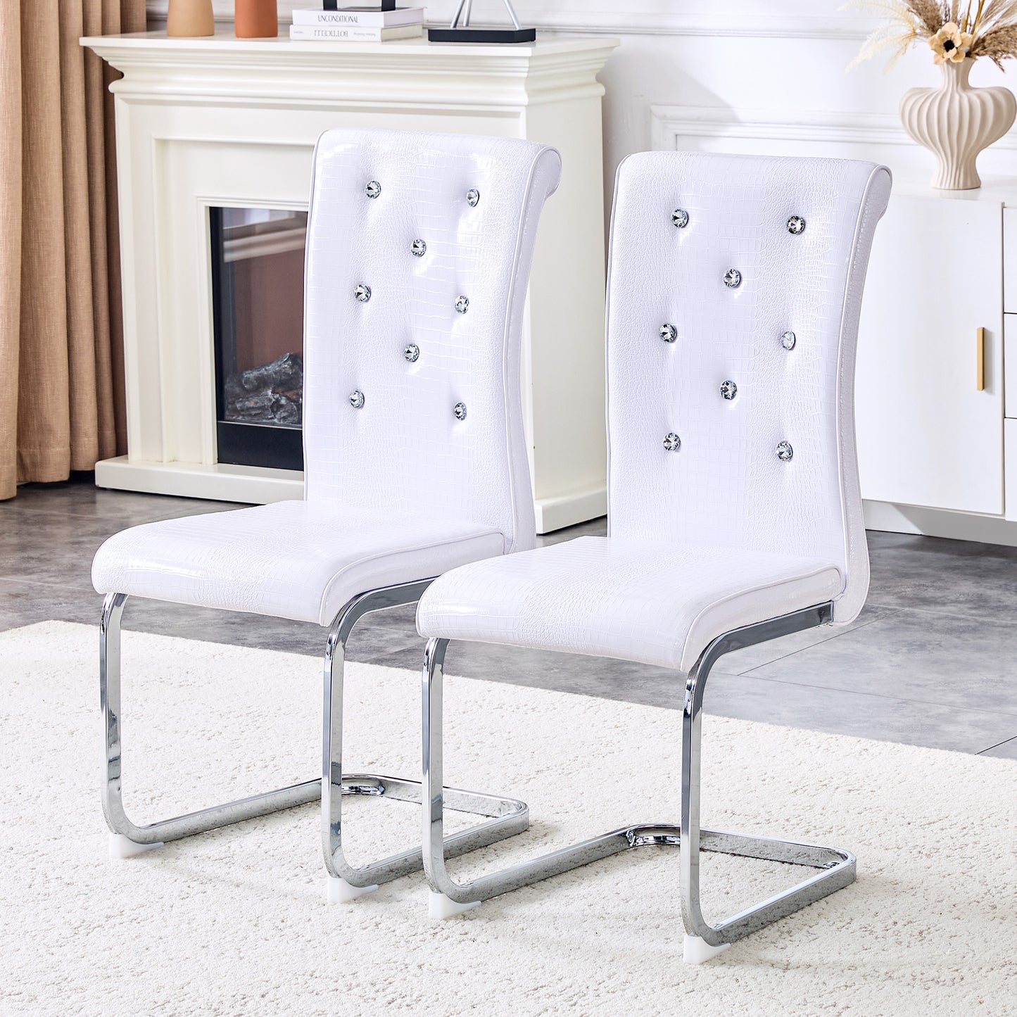 Set of 4 Retro Alligator Skin Dining Chairs - White with Crystal Buckle