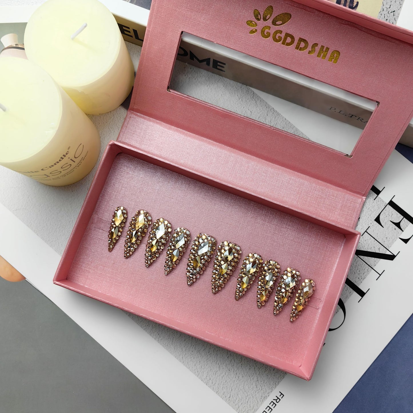Reusable Almond Press-On Nails - Handmade Acrylic 3D Crystal Nail Art Kit