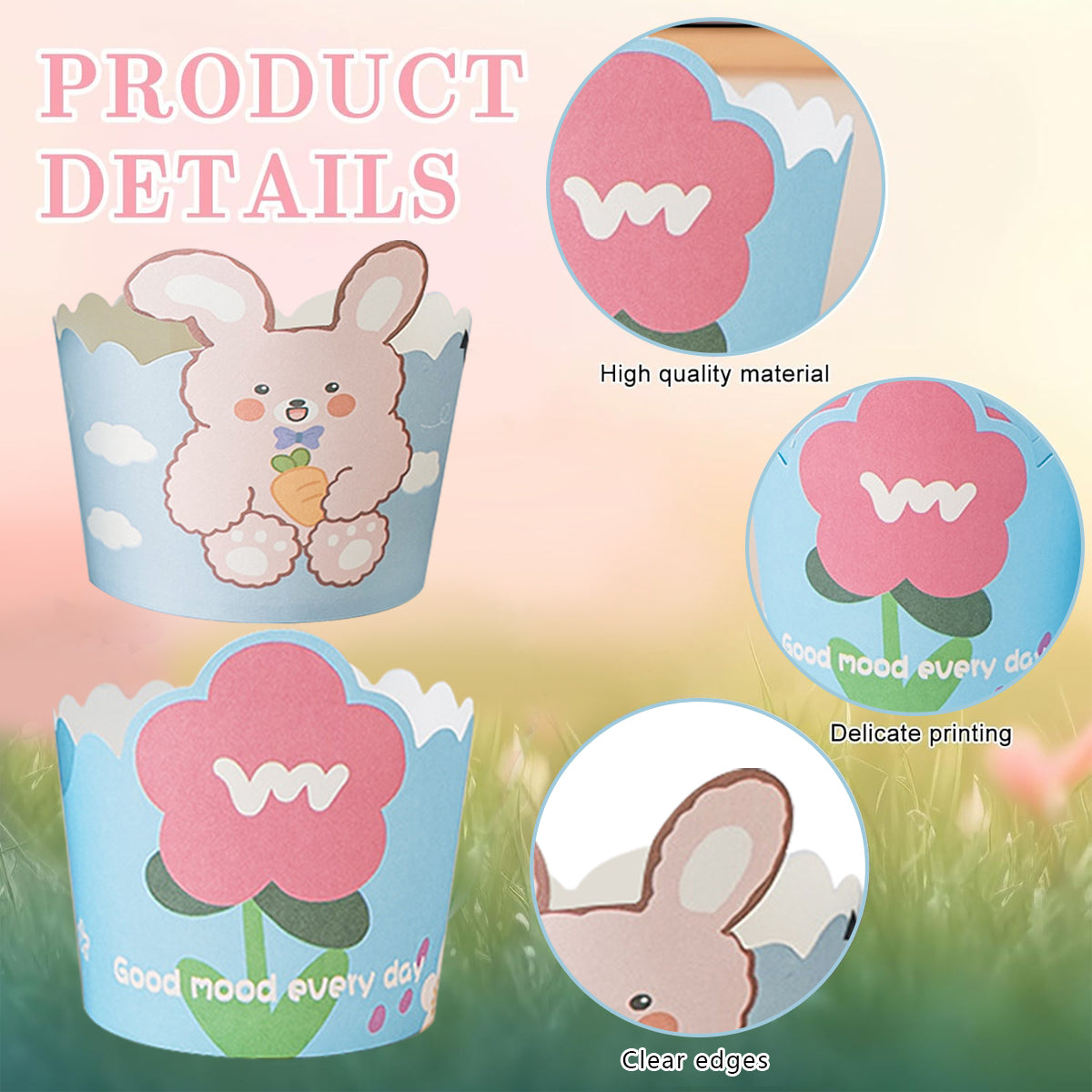 Cute Bunny Flower Cupcake Liners with Spoons - 100 Pcs Set