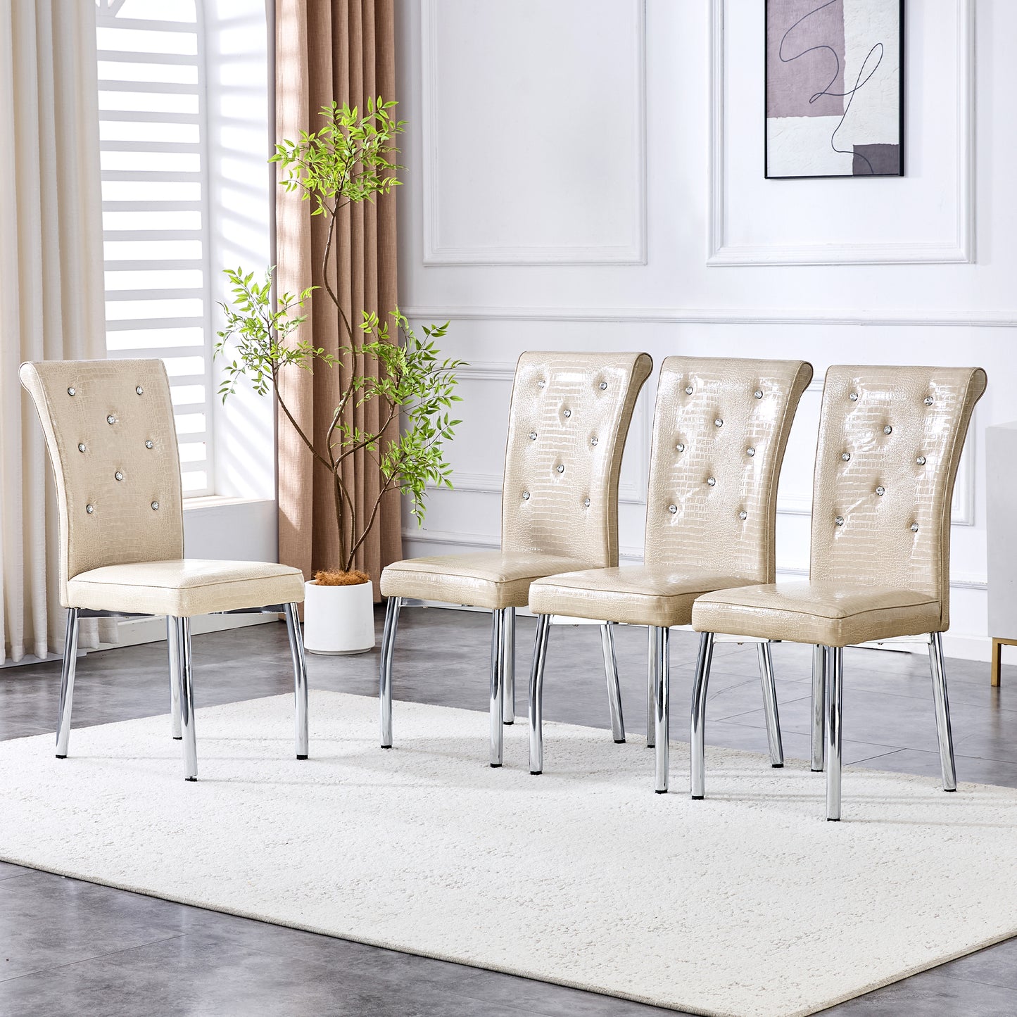 Set of 4 Beige & Silver Vintage Crocodile Leather Dining Chairs